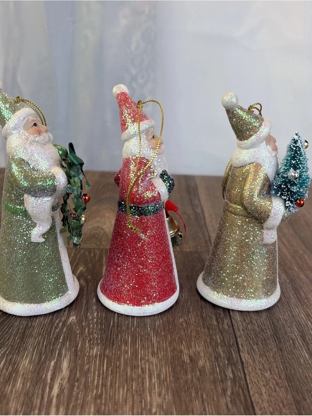 Lot of 3 Ceramic Santa Ornaments Shelf Sitters Red White Gold Glitter Sparkles